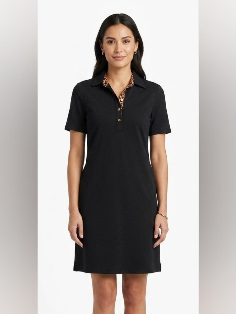 Chico's Black Polo Shirt Dress w/ Leopard Print Trim. Chico's Size 0 US/ S or 4